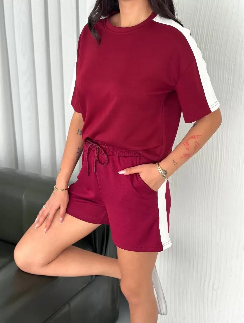 Osy Modal yumuşak dokulu Kumaş Kadın Parçalı Bisiklet Yaka T-shirt Kısa Şort İkili Takım -  Bordo