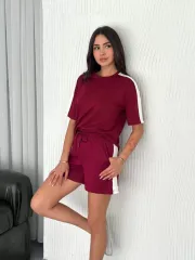 Osy Modal yumuşak dokulu Kumaş Kadın Parçalı Bisiklet Yaka T-shirt Kısa Şort İkili Takım -  Bordo