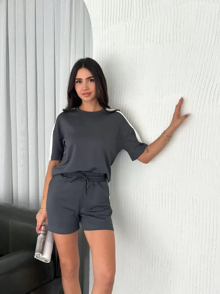 Osy Modal yumuşak dokulu Kumaş Kadın Parçalı Bisiklet Yaka T-shirt Kısa Şort İkili Takım - Antrasit