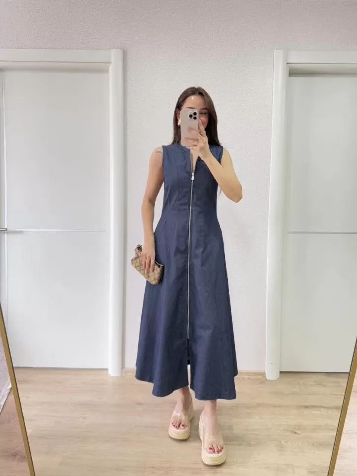 Jeans Kot Önü Tam Fermuarlı Kadın Uzun Elbise - Mavi