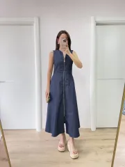 Jeans Kot Önü Tam Fermuarlı Kadın Uzun Elbise - Mavi