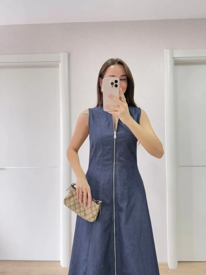 Jeans Kot Önü Tam Fermuarlı Kadın Uzun Elbise - Mavi