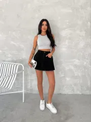Şık Pileli Yazlık Mini Etekli Kot- Siyah
