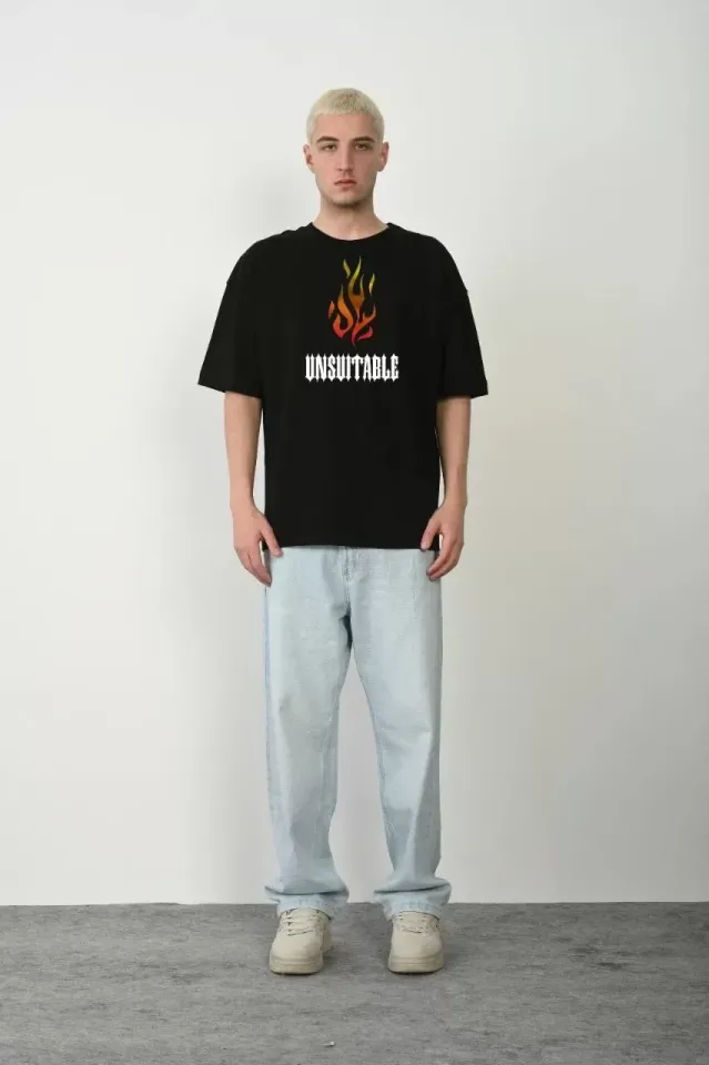 Unisex Bisiklet Yaka Baskılı Oversize T-Shirt - Siyah
