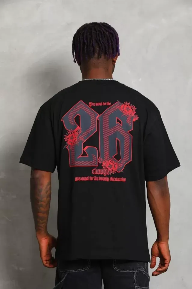 Unisex Oversize Baskılı Bisiklet Yaka T-Shirt - Siyah