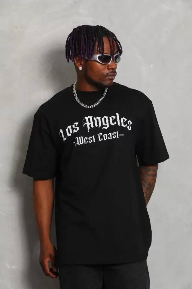 Unisex Oversize Baskılı Bisiklet Yaka T-Shirt - Siyah