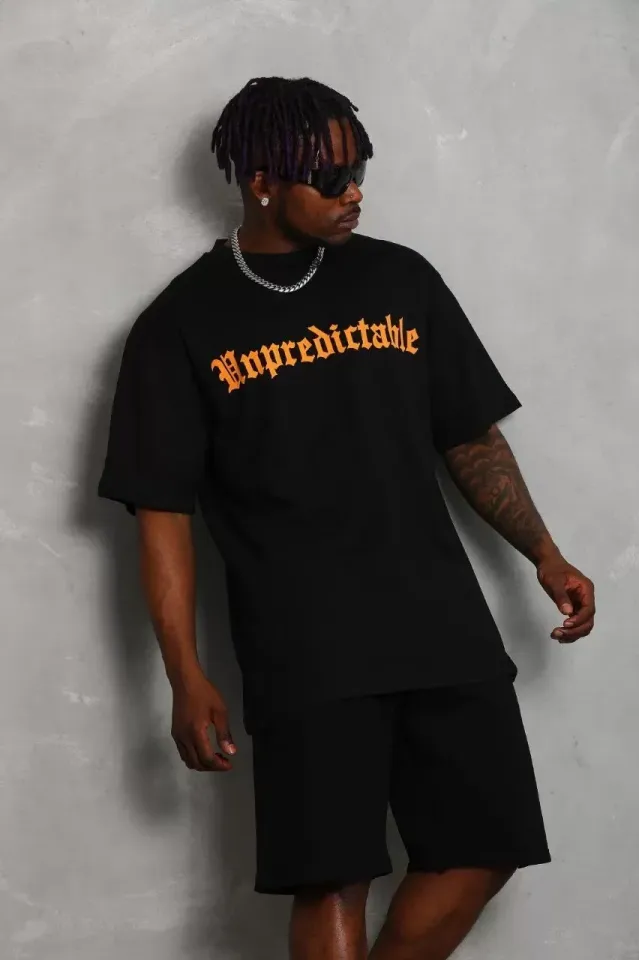 Unisex Oversize Baskılı Bisiklet Yaka T-Shirt - Siyah