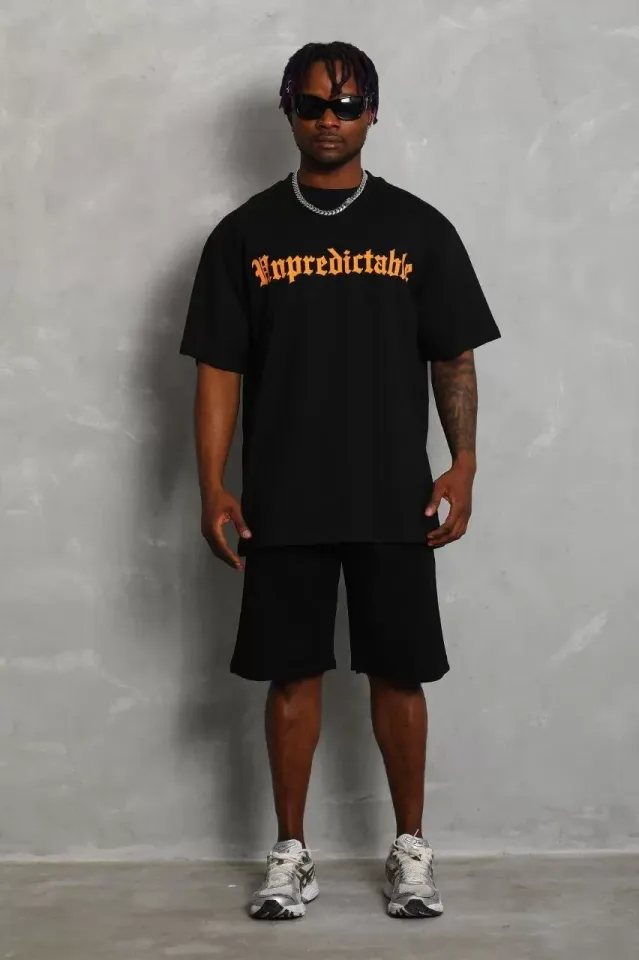 Unisex Oversize Baskılı Bisiklet Yaka T-Shirt - Siyah