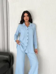 Yakalı Düğmeli Uzun Kollu Gömlek Pantolon ikili Takım - Bebek Mavisi