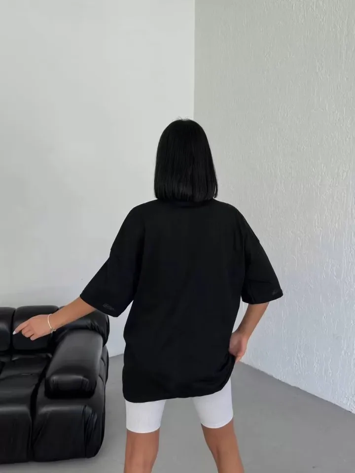 Unisex Bisiklet Yaka Baskılı Oversize T-Shirt - Siyah