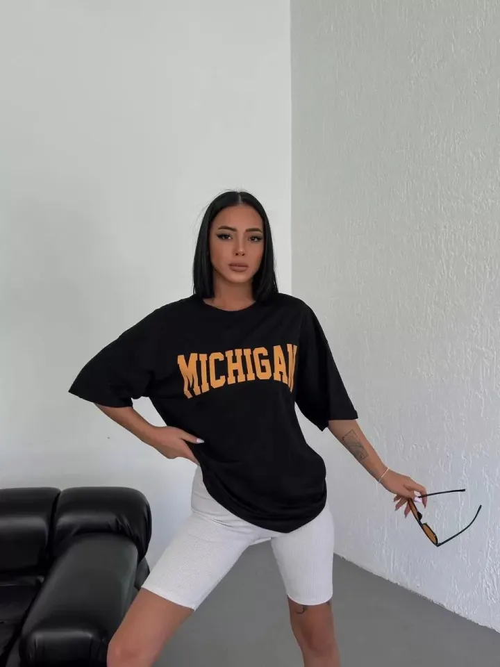 Unisex Bisiklet Yaka Baskılı Oversize T-Shirt - Siyah