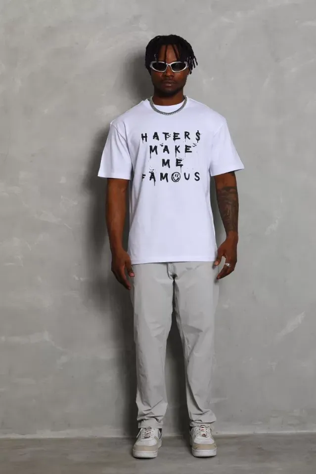 Unisex Oversize Baskılı Bisiklet Yaka T-Shirt - Beyaz
