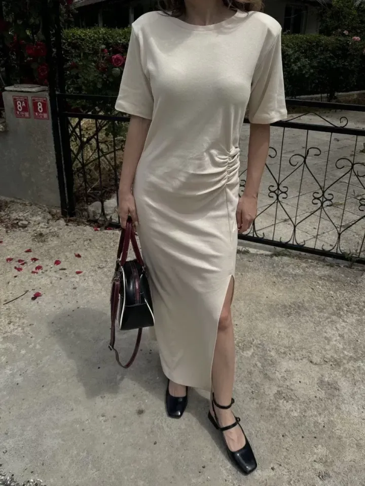 Kadın Kısa Kollu Uzun Yandan Yırtmaçlı Elbise - Beyaz