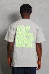 Unisex Oversize Baskılı Bisiklet Yaka T-Shirt - Gri