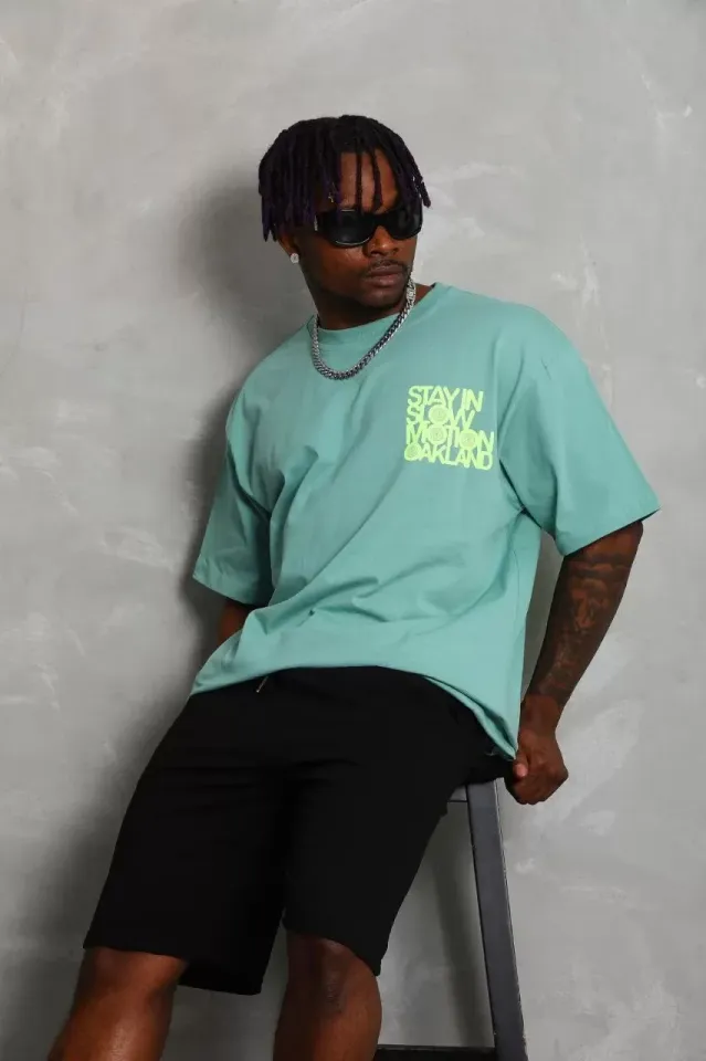 Unisex Oversize Baskılı Bisiklet Yaka T-Shirt - Mint Yeşili