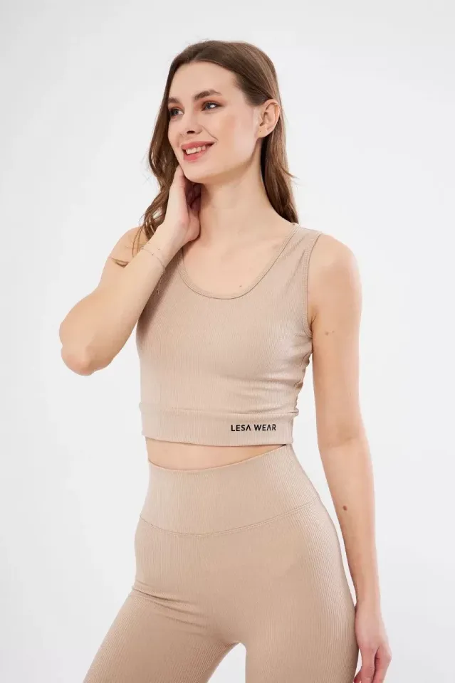 Kadın Fitilli Baskılı Crop - Bej