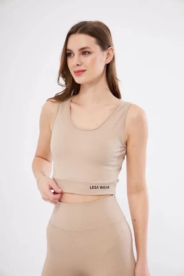 Kadın Fitilli Baskılı Crop - Bej