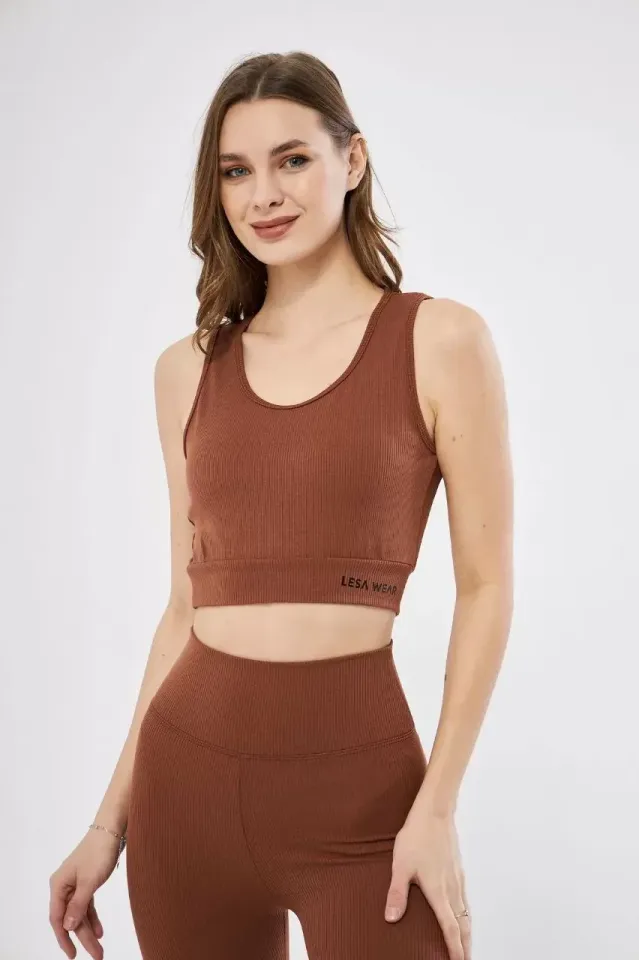 Kadın Fitilli Baskılı Crop - Kahve