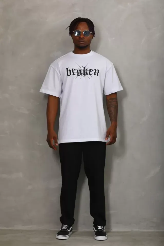 Unisex Oversize Baskılı Bisiklet Yaka T-Shirt - Beyaz