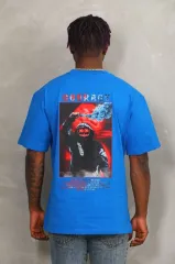 Unisex Oversize Baskılı Bisiklet Yaka T-Shirt - Mavi