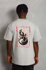 Unisex Oversize Baskılı Bisiklet Yaka T-Shirt - Gri