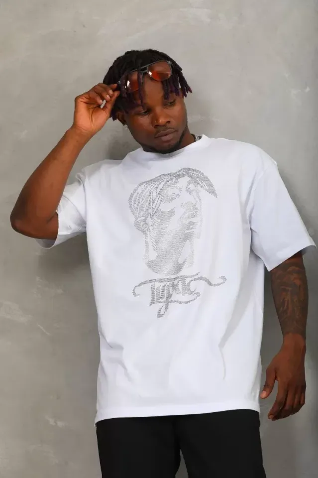 Unisex Oversize Taşlı Bisiklet Yaka T-Shirt - Beyaz
