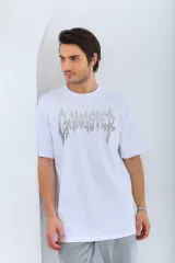 Unisex Oversize Taşlı Bisiklet Yaka T-Shirt - Beyaz