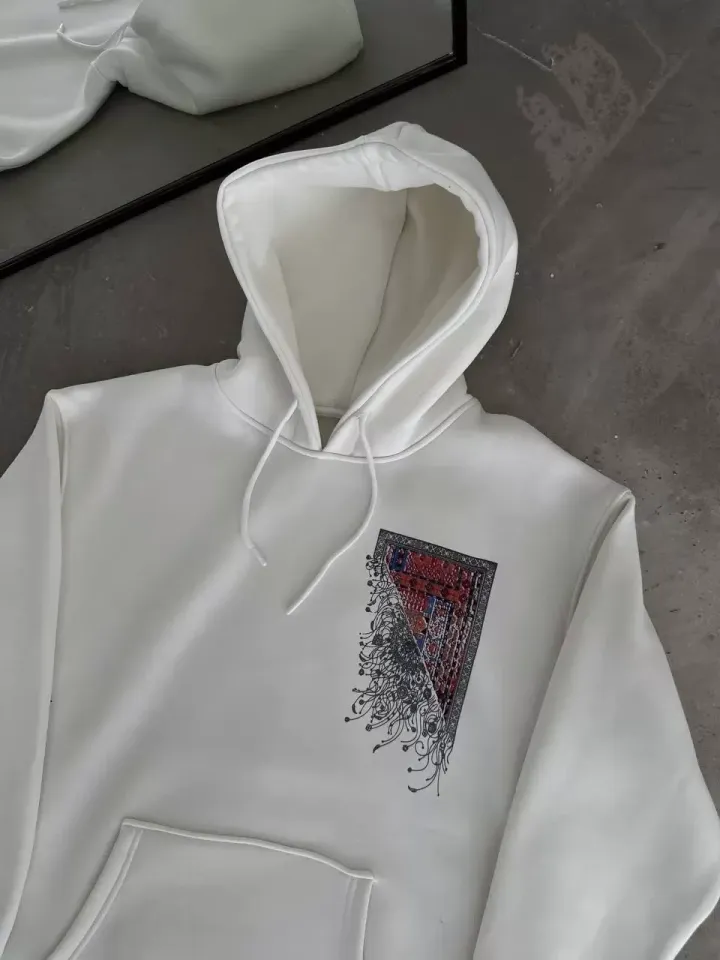 Uzun Kol Kapüşonlu Ön Ve Arka Baskılı SweatShirt - Beyaz